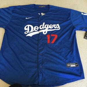 Nike Dodgers Blue Jersey with White Script and Red Number 17